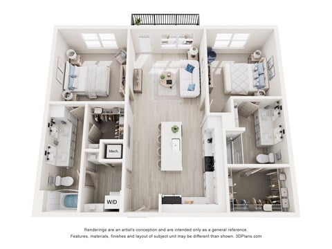 Floor plan for 2 beds, 2 baths, 1107 sqft